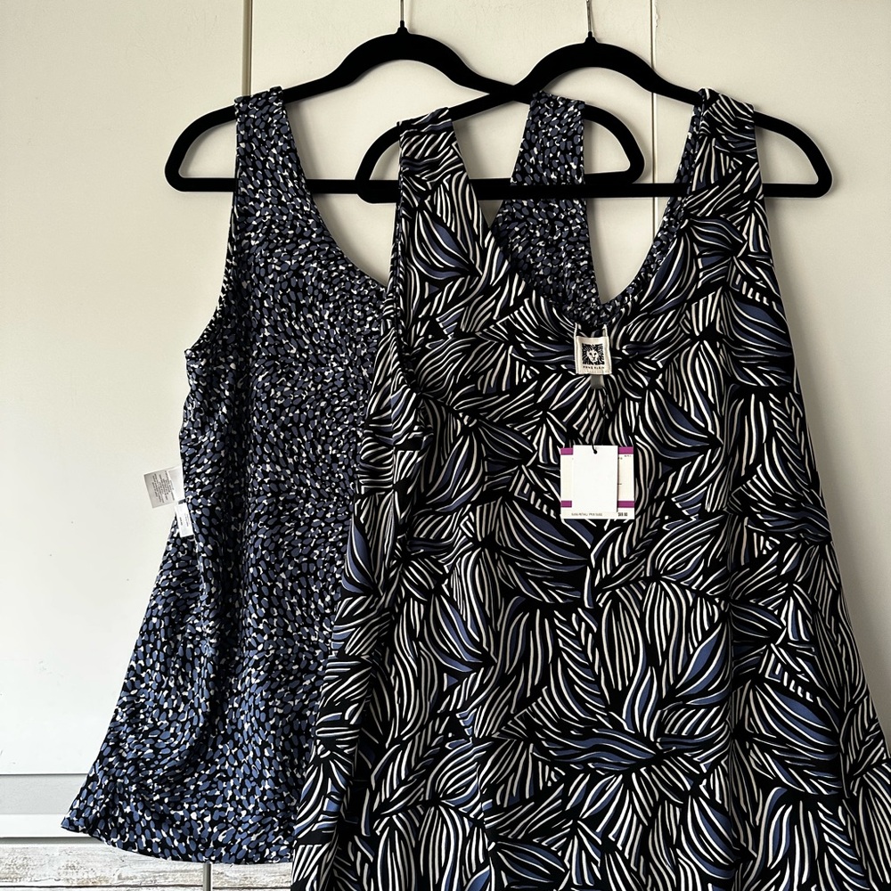 💙 Anne Klein NWT Reversible Tank Top  0X Blue Black Print Two Looks